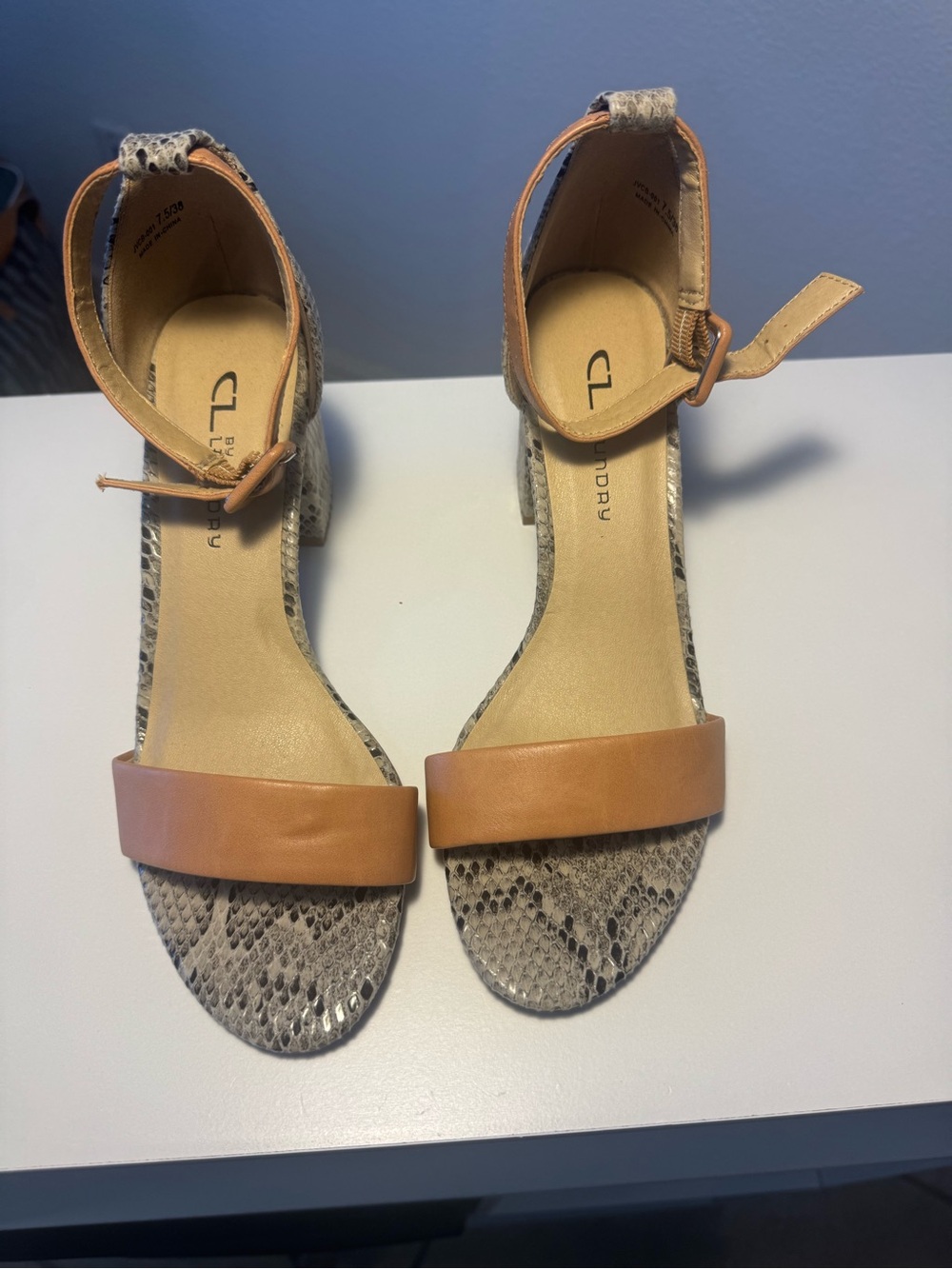 CL by Laundry Tan Strap & Snake-Print Block Heel Sandals